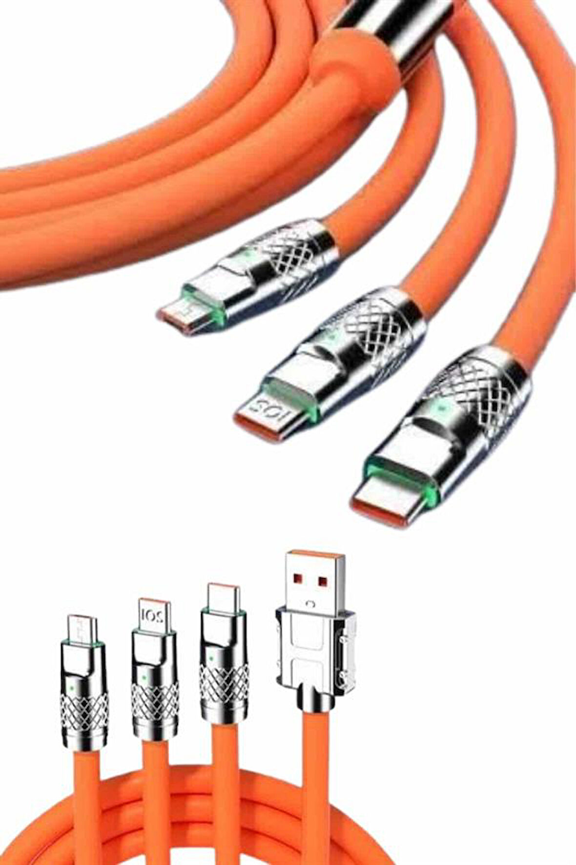 120W Silikon Metal Uçlu Led Işıklı 3 In1 Şarj Kablosu 1.2M