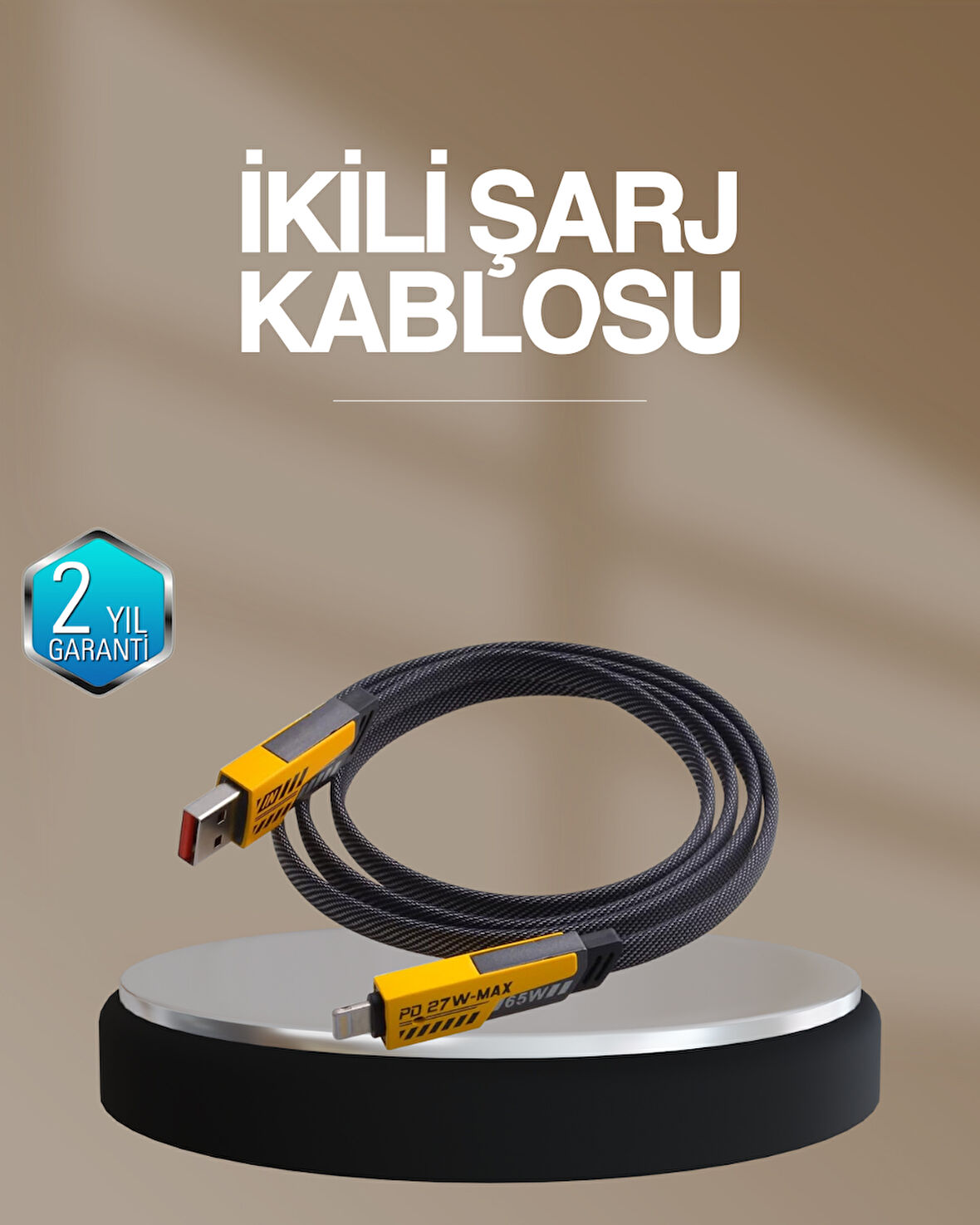 Hızlı Şarj Destekli 65W Örgülü Usb-C Ve Usb-A Çoklu Şarj Kablosu
