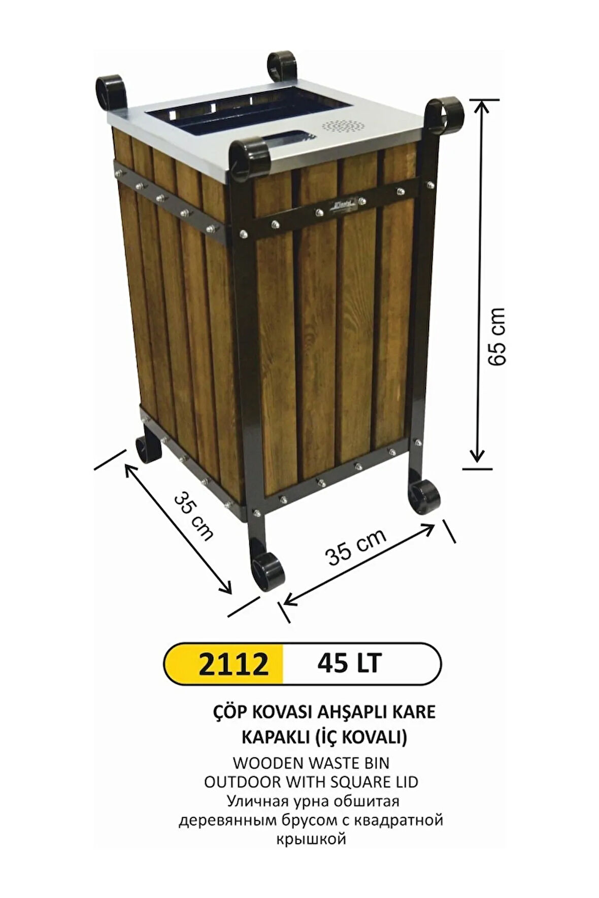 Ahşap Detaylı Kare Kapaklı Dış Mekan Çöp Kovası