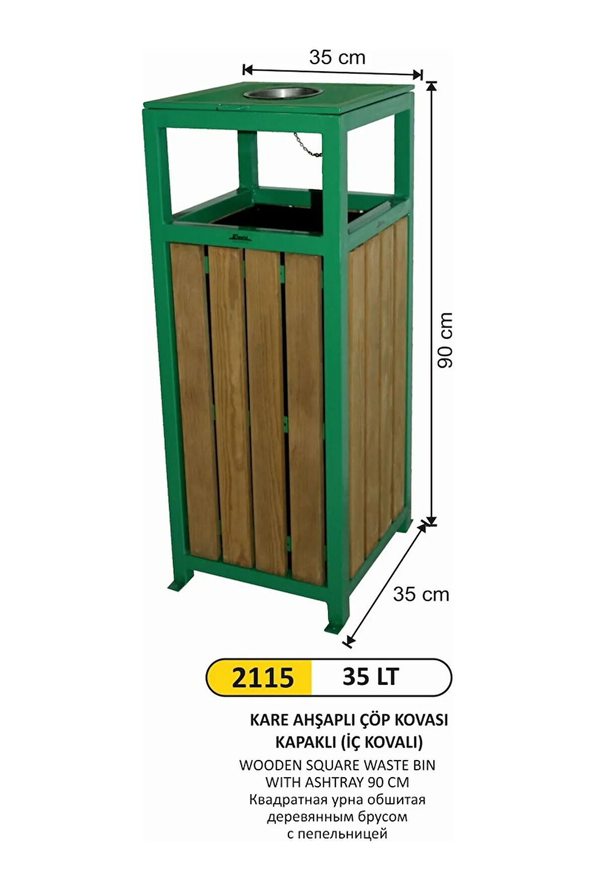 35 Litre Küllüklü Ahşap Detaylı Kare Çöp Kovası