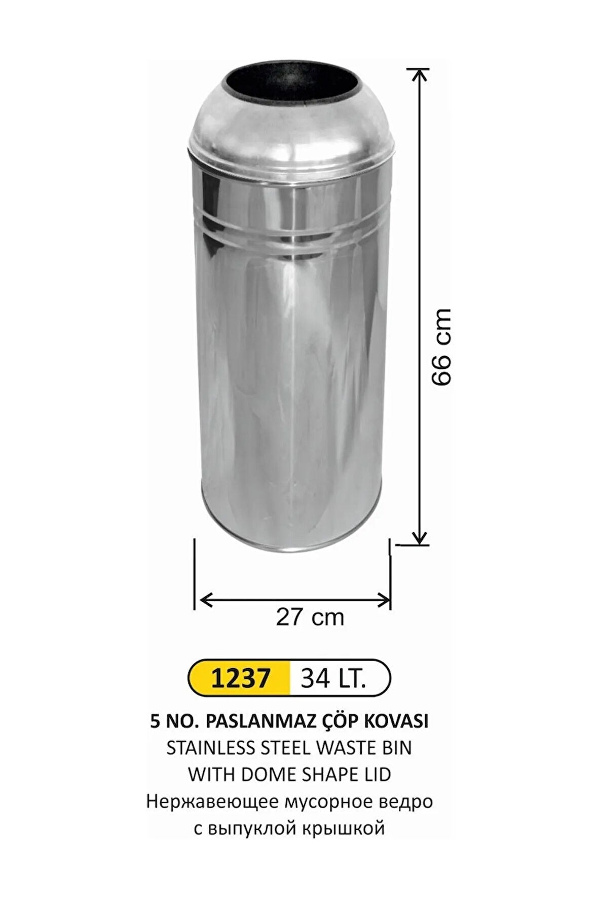 34 Litre Bombe Kapaklı Paslanmaz Çelik Çöp Kovası