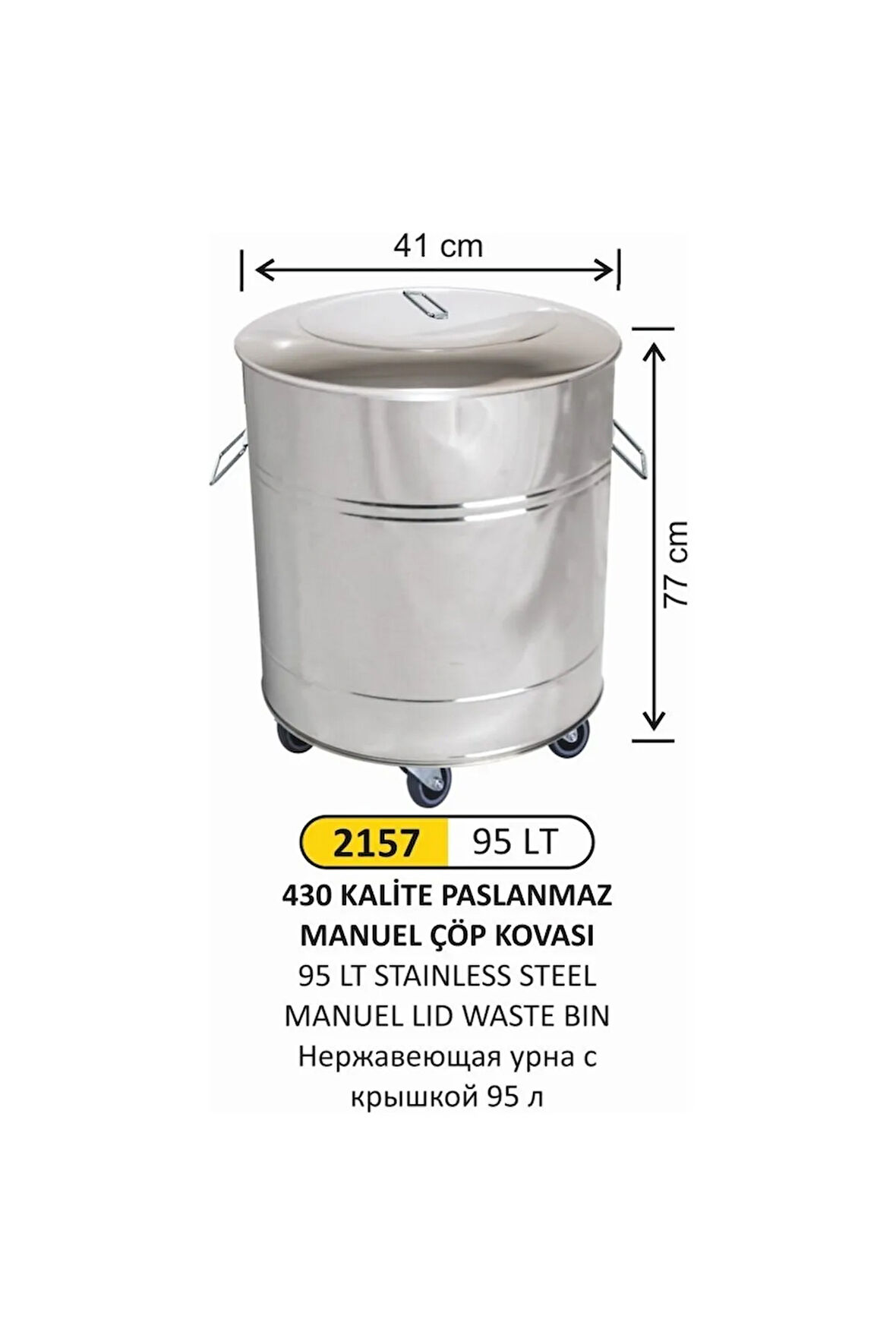 Paslanmaz Çelik Manuel Kapaklı Çöp Kovası 95 Litre