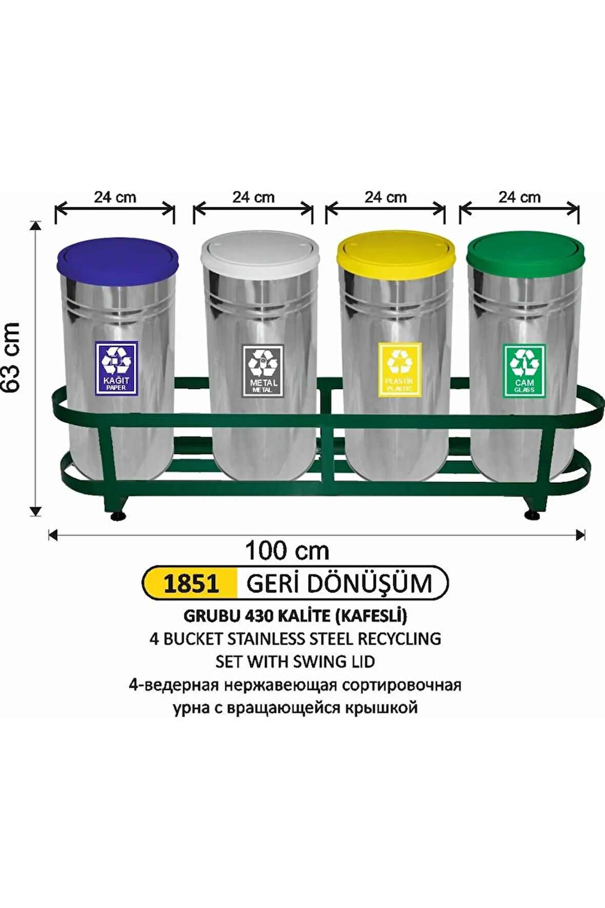 4'lü Paslanmaz Döner Kapaklı Geridönüşüm Çöp Kovası