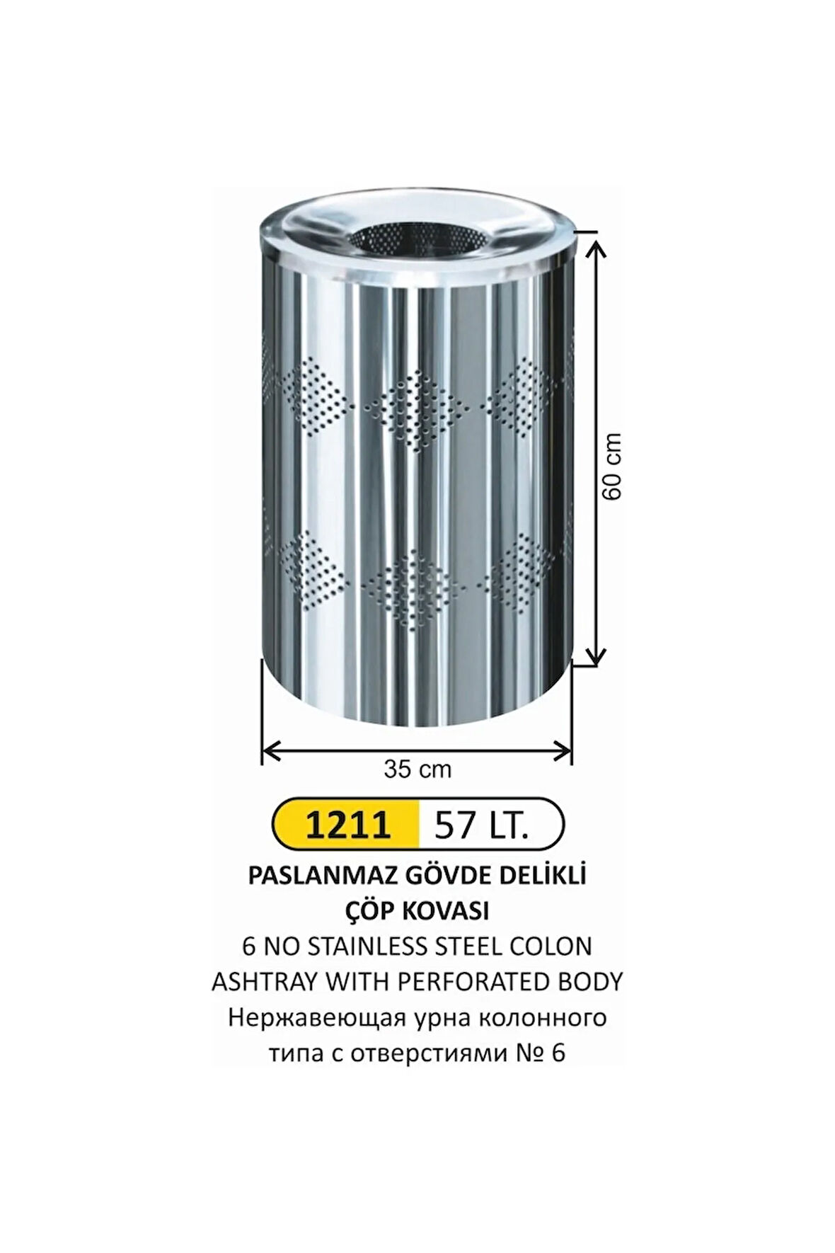 57 Litre Paslanmaz Çelik Gövde Delikli Çöp Kovası No 6