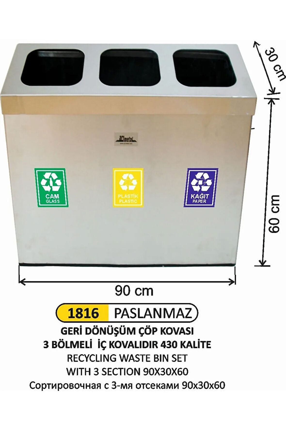Geri Dönüşüm Kovası 3 Bölmeli 90X30X60