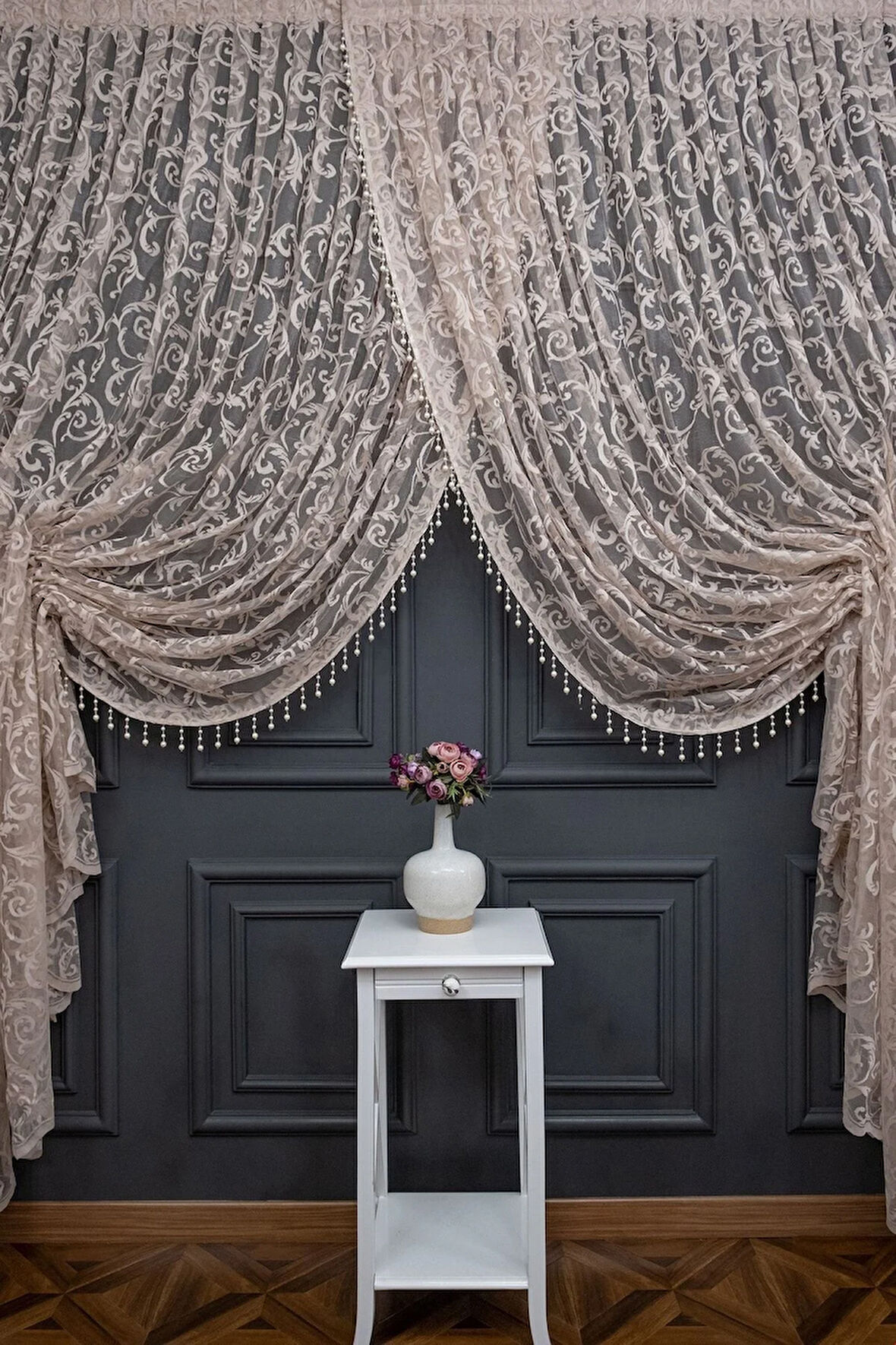 Vizon Bej Açık Kahverengi Renk Şal Tasarım Boncuklu Kruvaze Perde