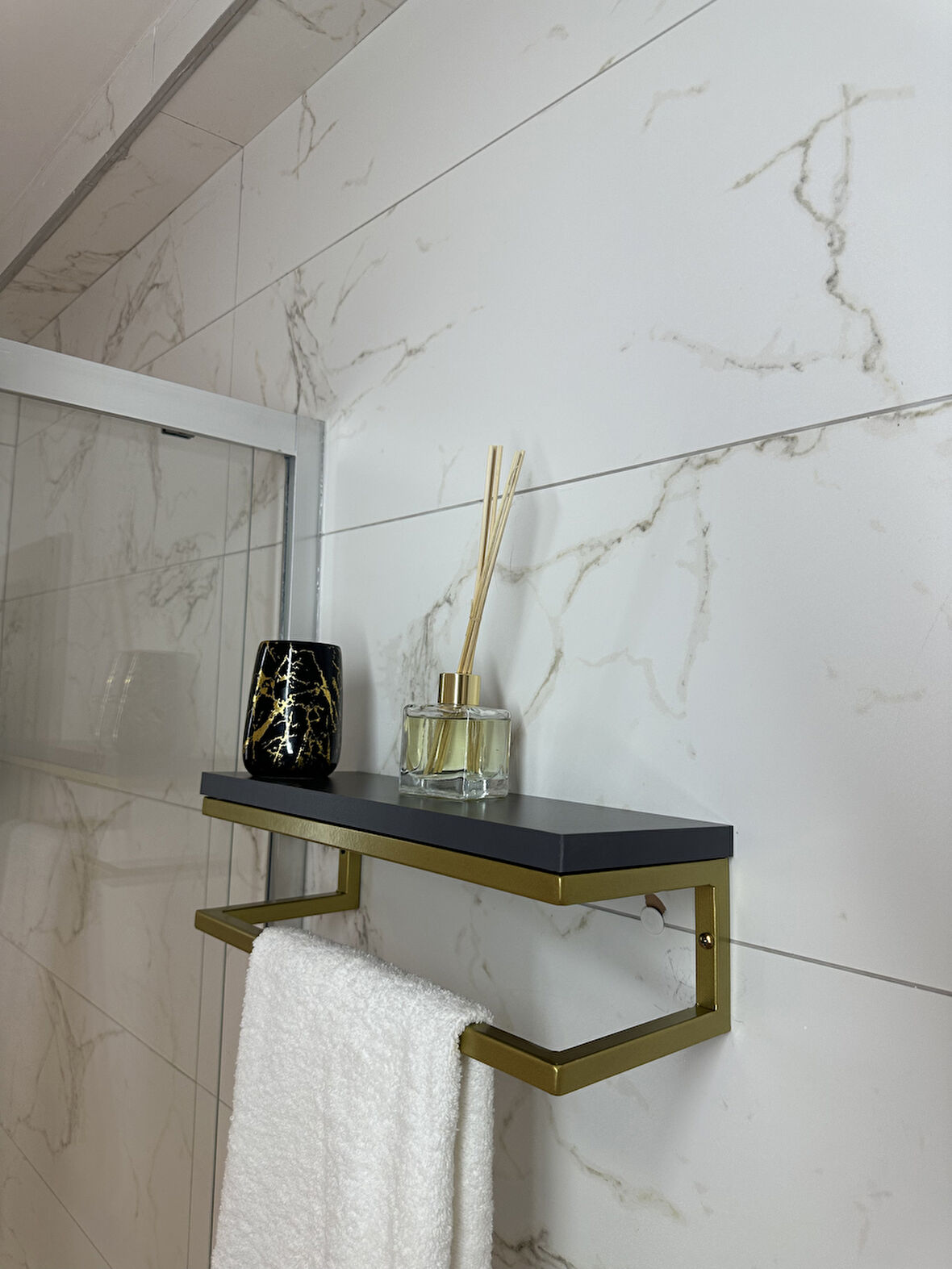 Fulya Banyo Ahşap Raflı Gold Metal Havlu, Şal Askılık Antrasit Raf