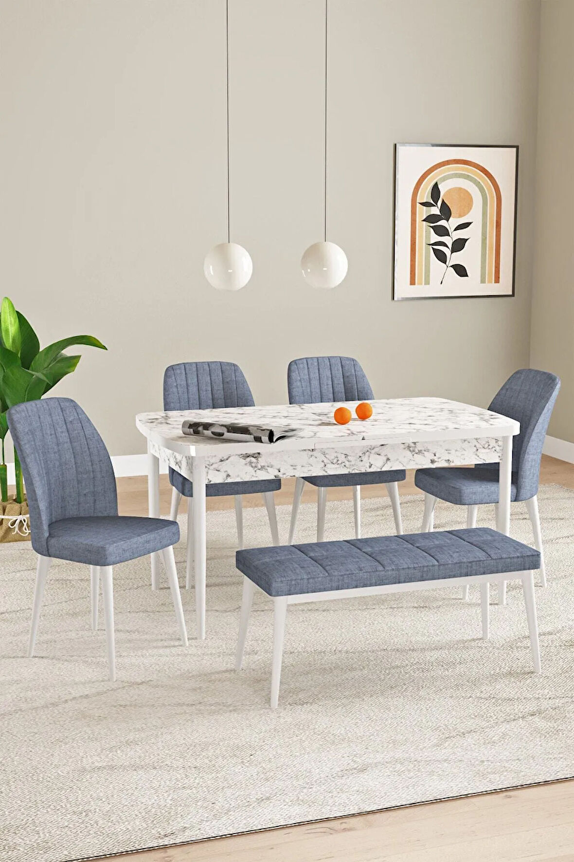 Elis Beyaz Mermer Desen 80x132 Açılabilir Yemek Odası Takımı 4 Sandalye, 1 Bench