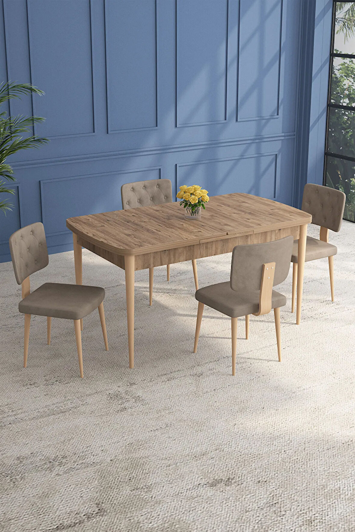 Vien Beyaz 80 X 132 Açılabilir MDF Mutfak Masası 4 Sandalye, 1 Bench