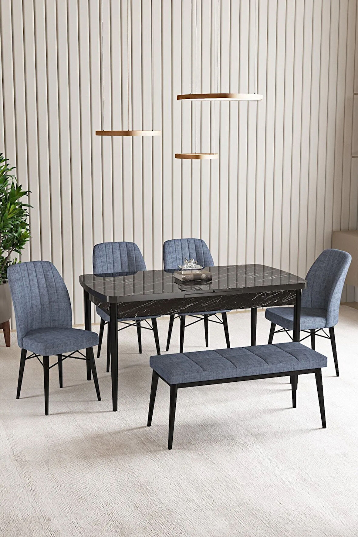 Vien Siyah Mermer Desen 80 X 132 Açılabilir MDF Mutfak Masası 4 Sandalye, 1 Bench