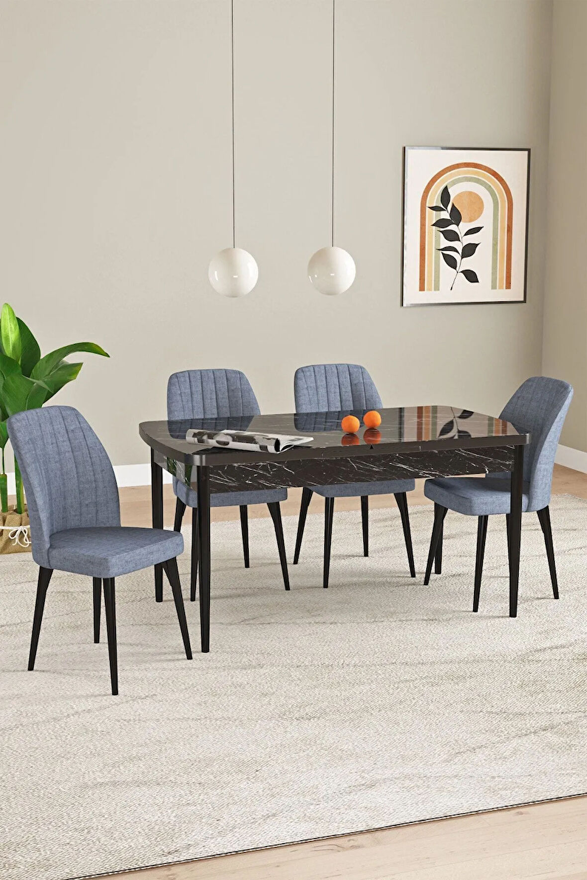 Elis Siyah Mermer Desen 80x132 Açılabilir Masa Takımı 4  Sandalye