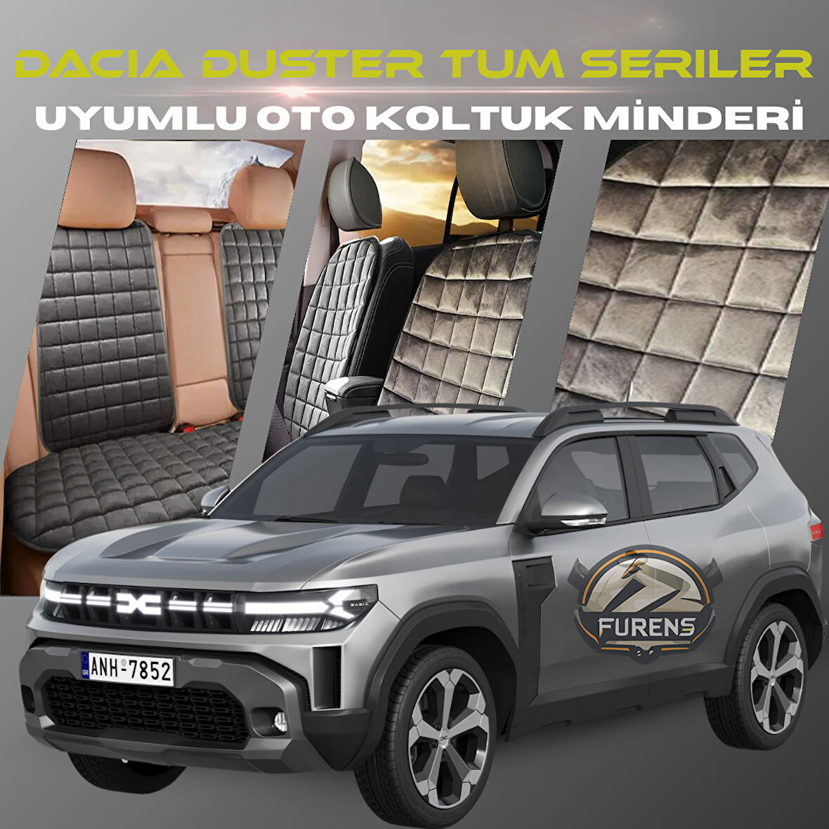 Dacia Duster Tum Seriler Uygun  Antrasit Renk Tay Tüyü Cepli & Terletmez Sırtlı Oto Koltuk Minder Seti - Koltuk Koruma Kılıfı (ÖN & ARKA TAM SET)