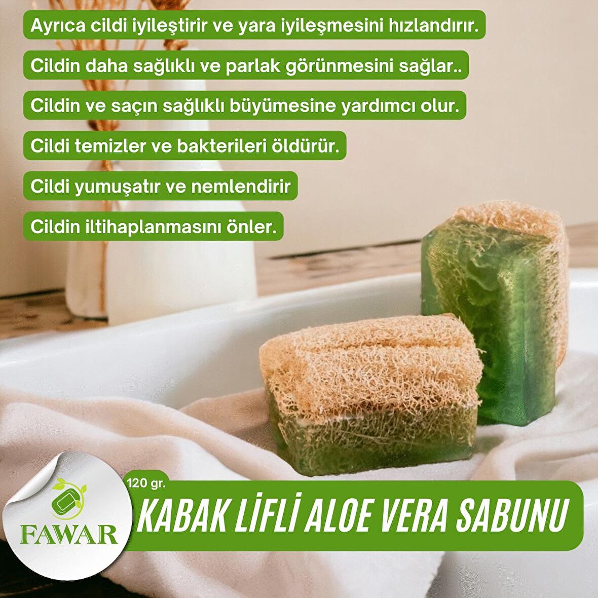 FAWAR %100 El Yapımı Doğal Kabak Lifli Aloe Vera Sabunu 130 Gr