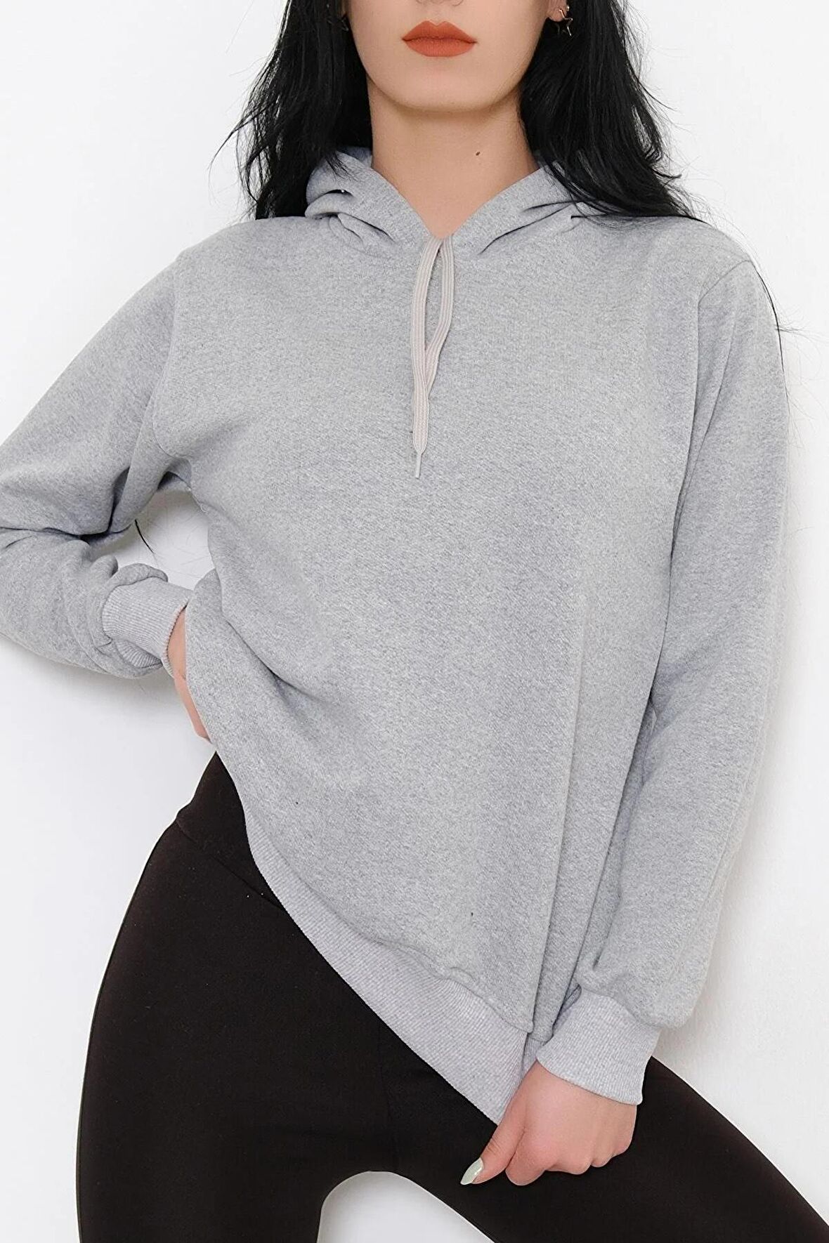 Gri Kapüşonlu Sweatshirt Kadın