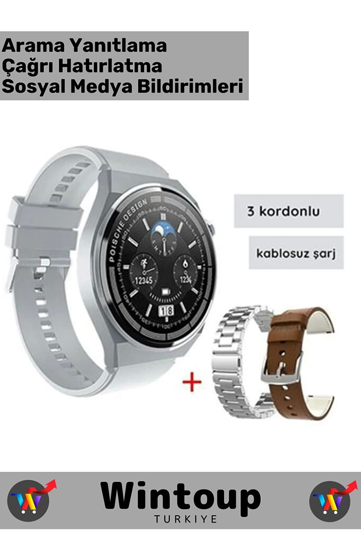 Akıllı Telefon Uyumlu Akıllı Saat 3 Kordonlu Sesli Görüşme Bildirim Smart Watch