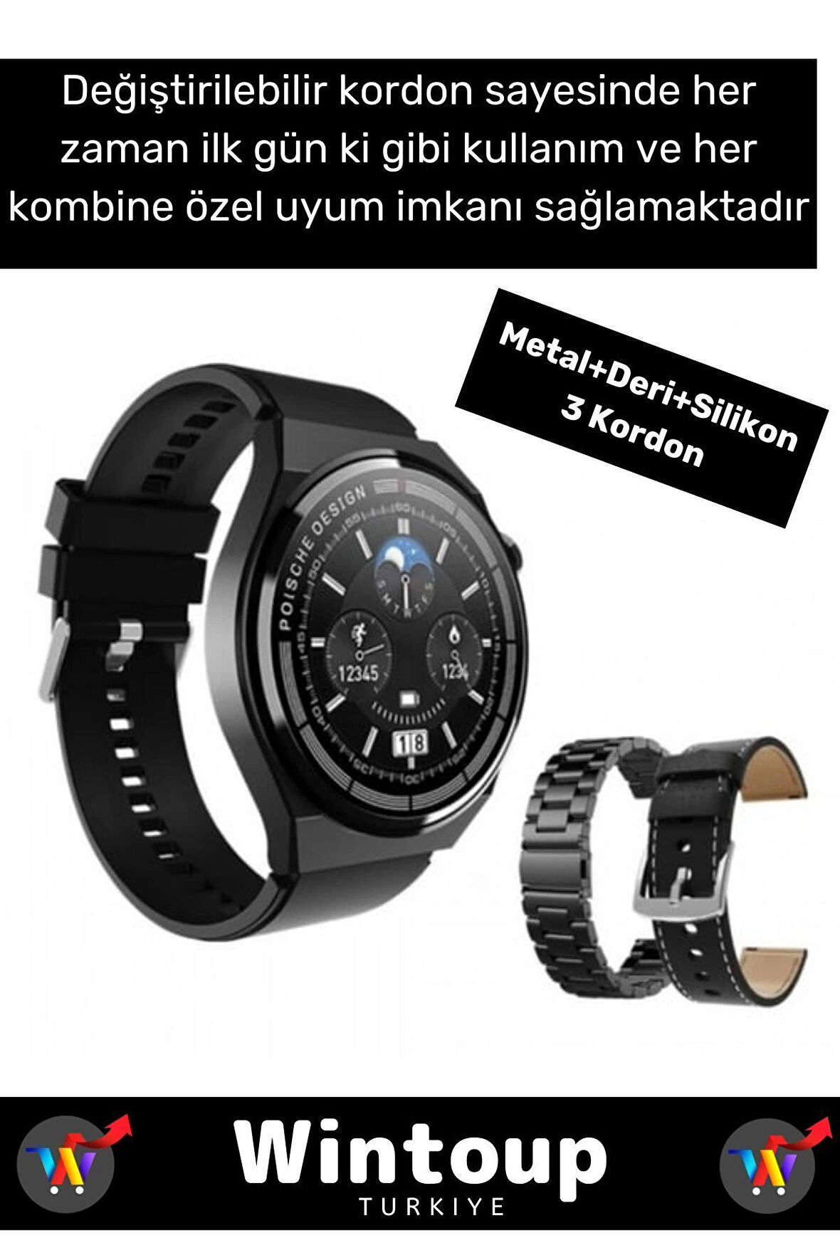 Poco&Oppo&Honor Uyumlu 3 Kordonlu Akıllı Saat Sesli Yanıt Bildirim Smart Watch