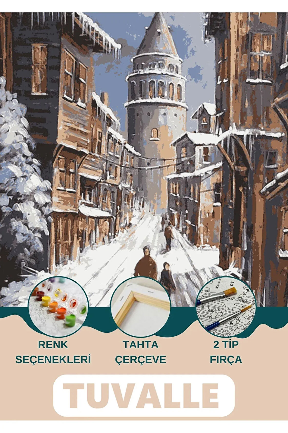 Galata Kulesi Kış Sayılarla Boyama Seti, Hobi Seti, 40X50 Tablo, Fırça Boya Asma Aparatı Dahil,