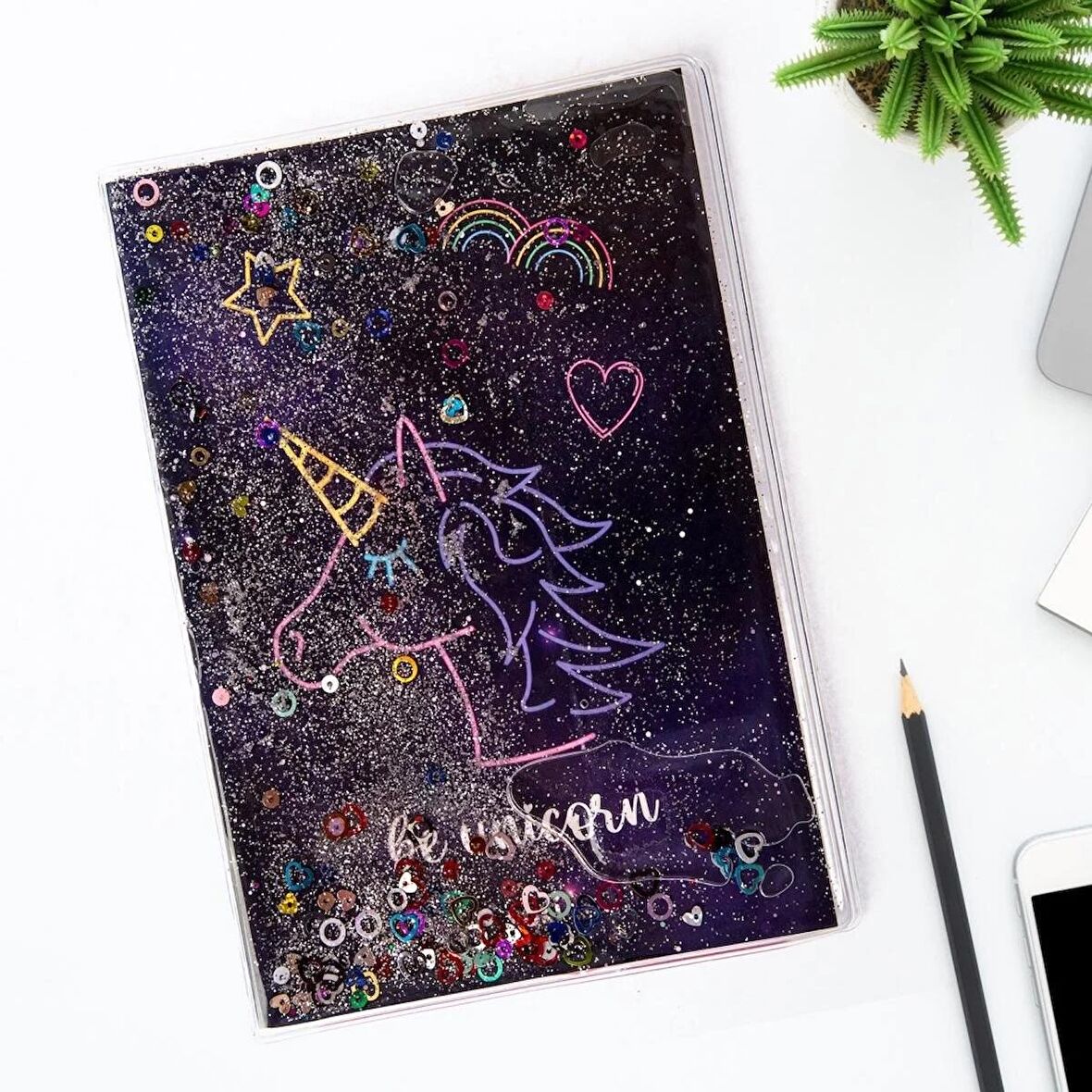 Neon Unicorn Desenli Simli ve Sulu Kapaklı A5 Defter