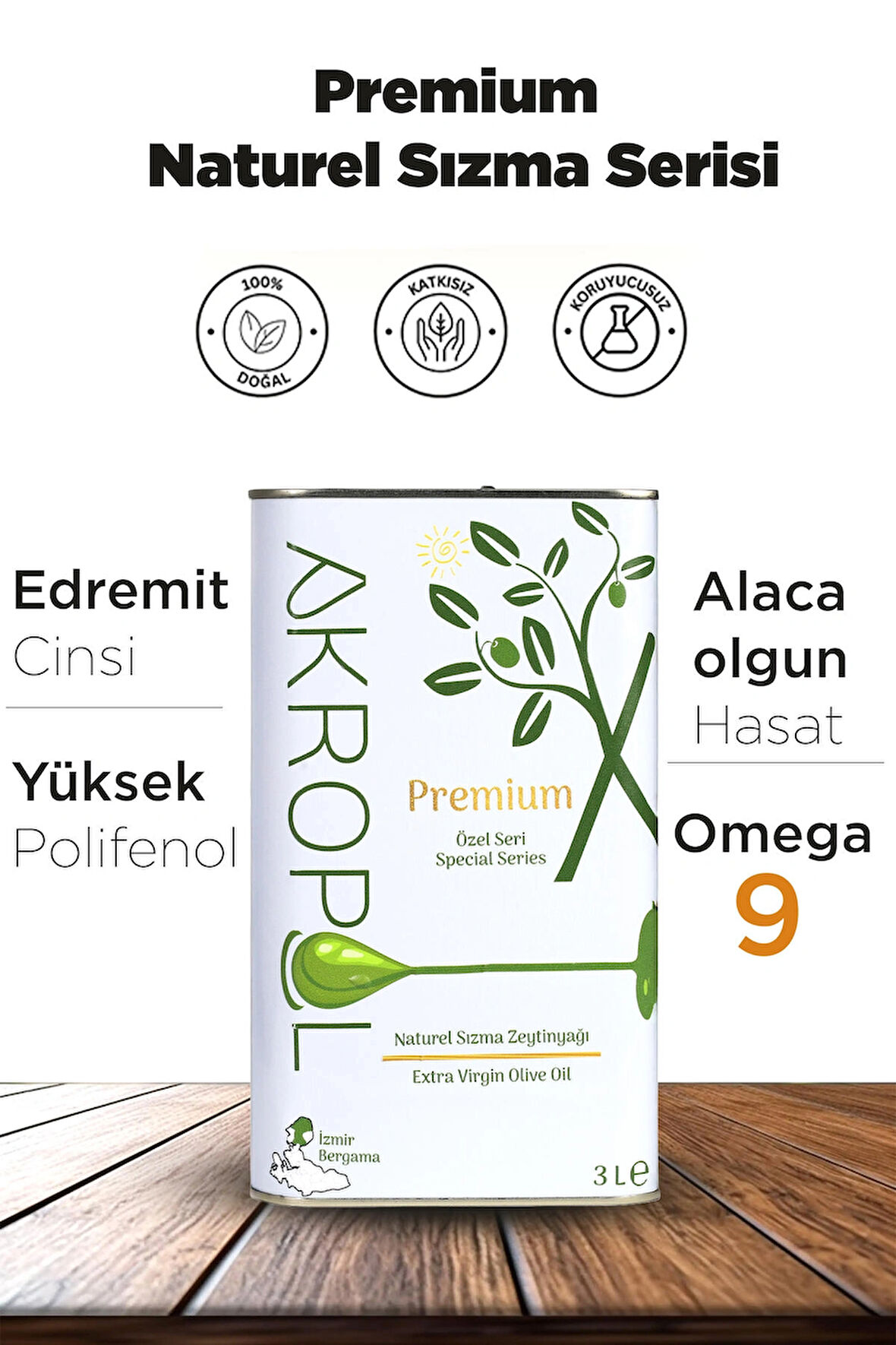 Soğuk Sıkım Zeytinyağı - Alaca Hasat - Düşük Asit - Polifenollü 3 Litre Natürel Sızma Zeytinyağı