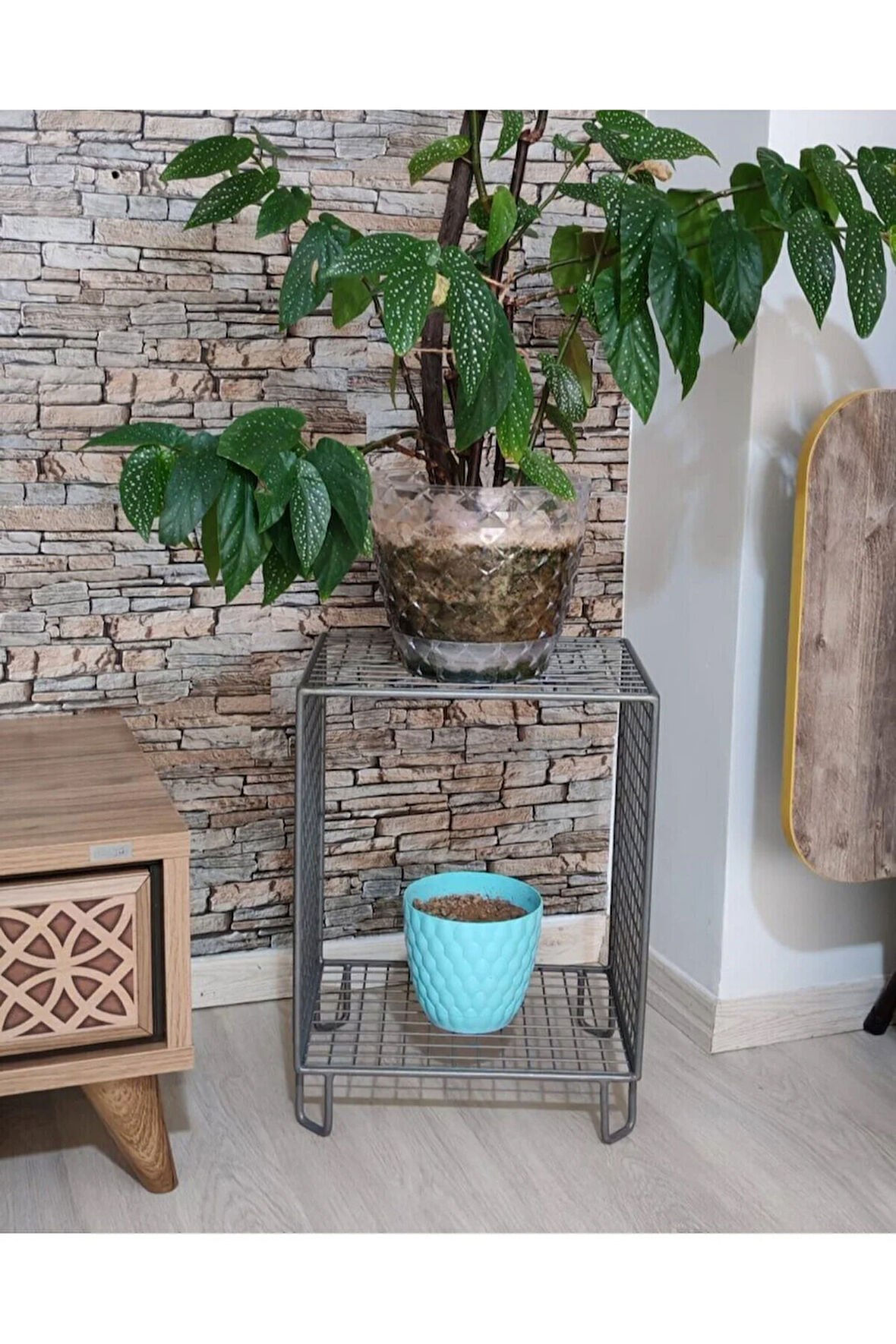 (METALİK GÜMÜŞ) Çiçeklik Çok Amaçlı Tel Raf ve Orta/Yan Sehpa Tabure