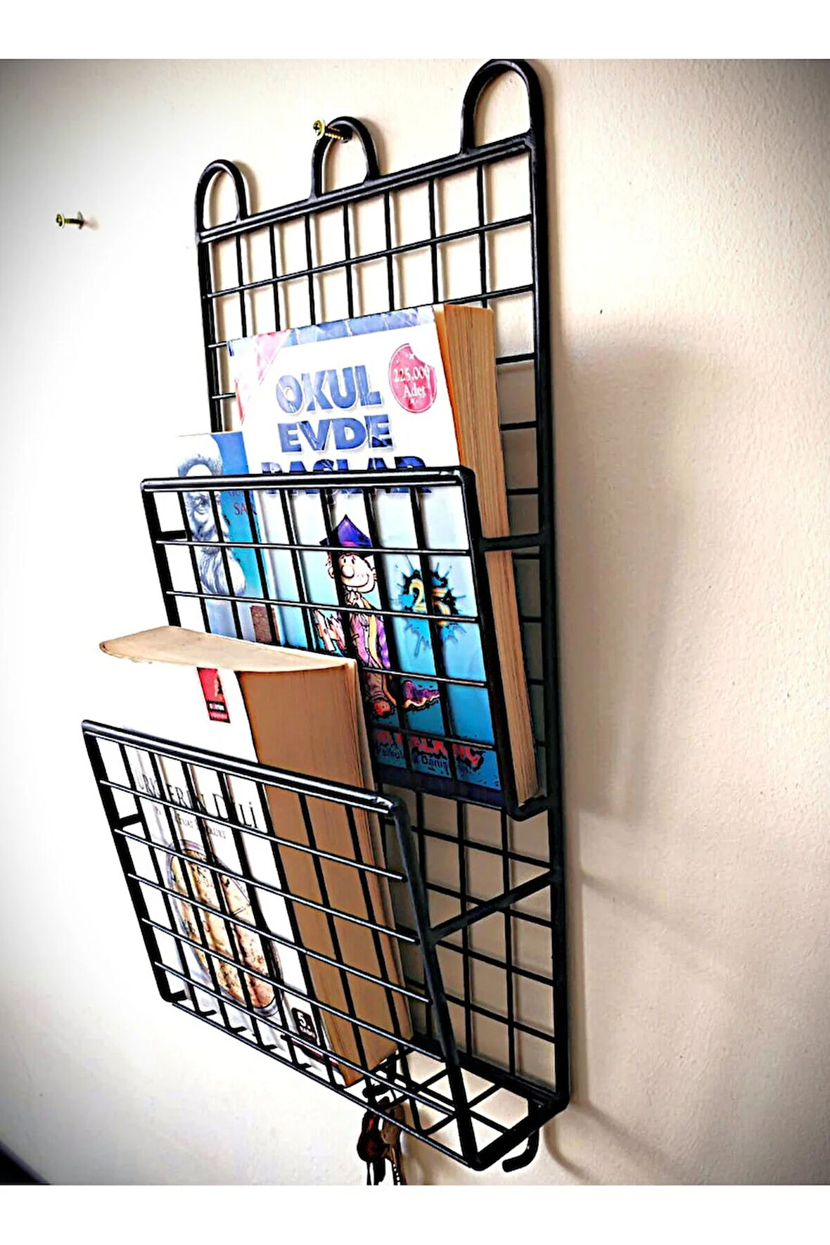 2 Gözlü Dekoratif İnce 3 Kancalı Kitaplık Dergilik Duvar Askılı Raf