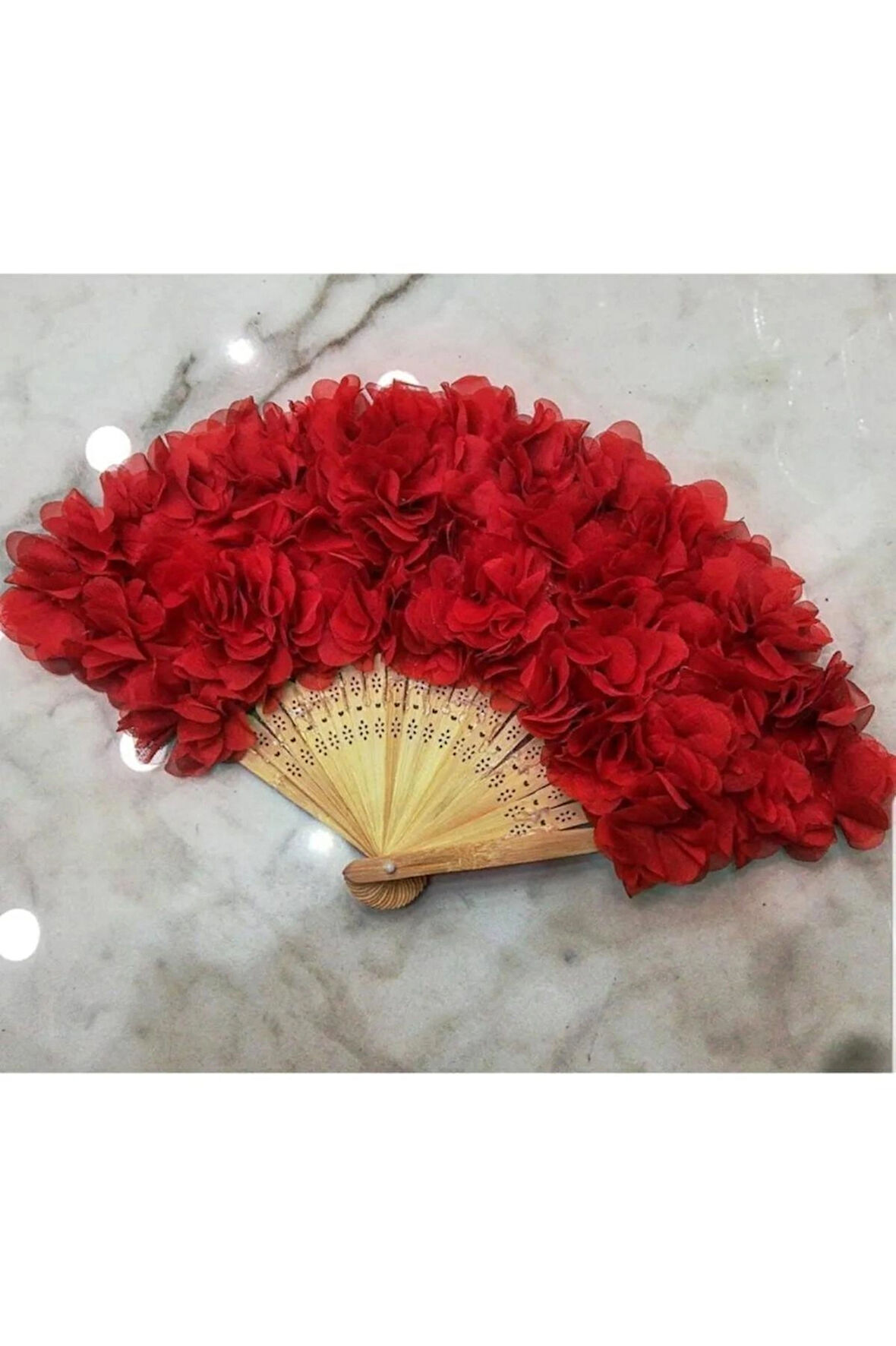 Kırmızı Lazer Gül Süslemeli Ahşap Kına Yelpazesi 5'li