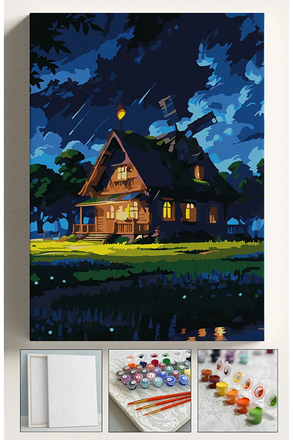 Sayılarla Boyama Seti Numaralı Tuval Fırça Boya Dahil Kasnaklı Set 40x50 Cm - GECE YILDIZLI EV