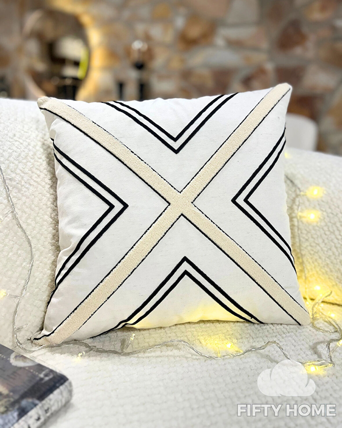 1 adet Punch kırlent kılıfı geometrik - punch yastık kılıfı krem bej beyaz 43 x 43 cm