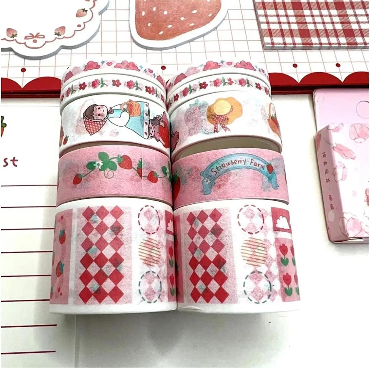 Çilekli Kız Desenli Dekoratif Bant 5'li Washi Tape Bant Sticker Bullet Journal Defter Süsleme