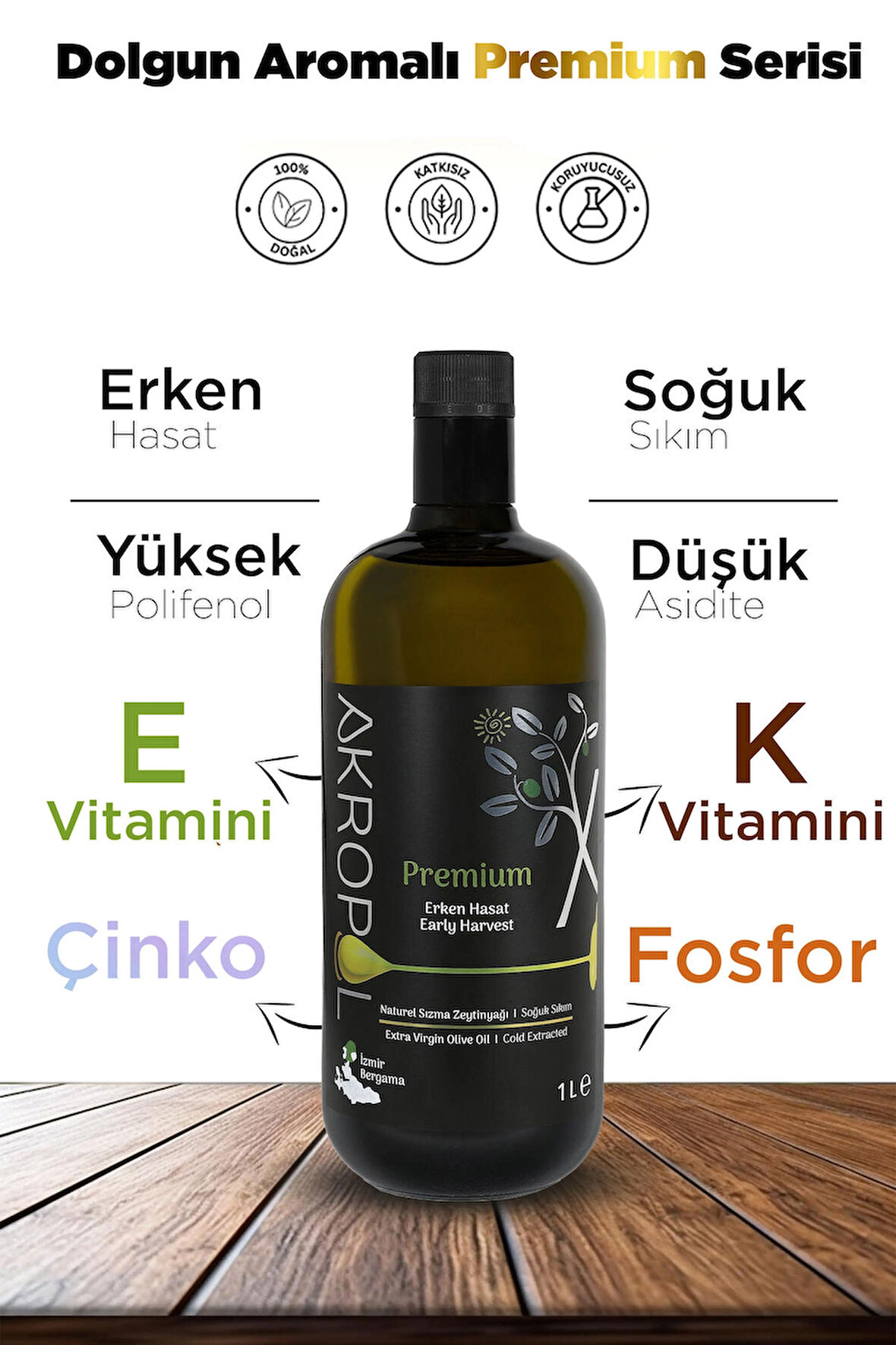 Premium Özel 1 Litre Soğuk Sıkım Erken Hasat Naturel Sızma Zeytinyağı - Yüksek Polifenollü