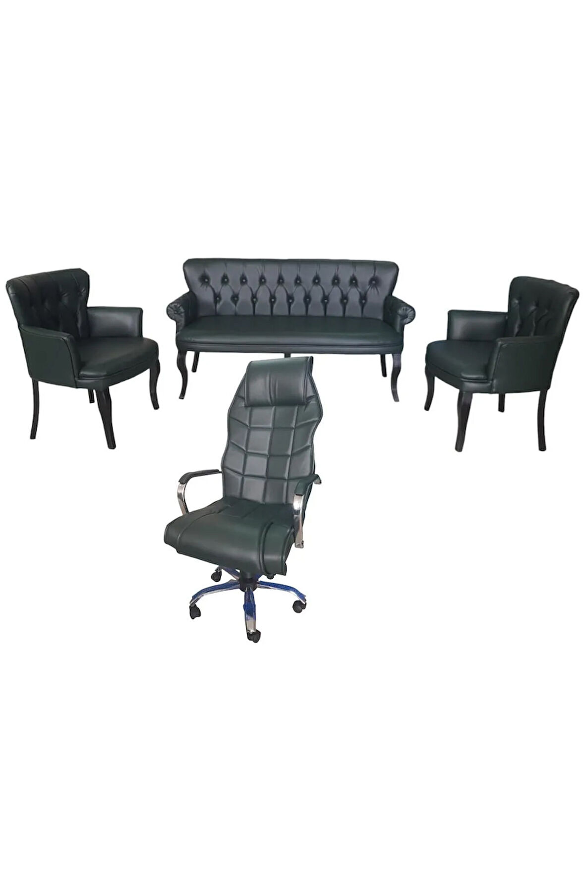 Ahşap Ayaklı Haki Yeşil Deri 3+1 +1 + Makam Koltuğu Ofis Koltuk Takımı Cafe Koltuğu 3'lü Kanepe