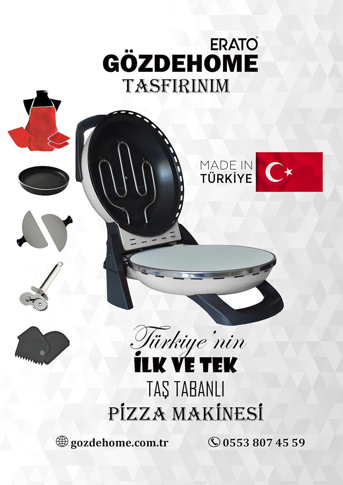 Erato Taşfırınım Pizza Makinesi, Lahmacun Makinesi Doğal Taş Fırın - Timer - 400 C. - Beyaz