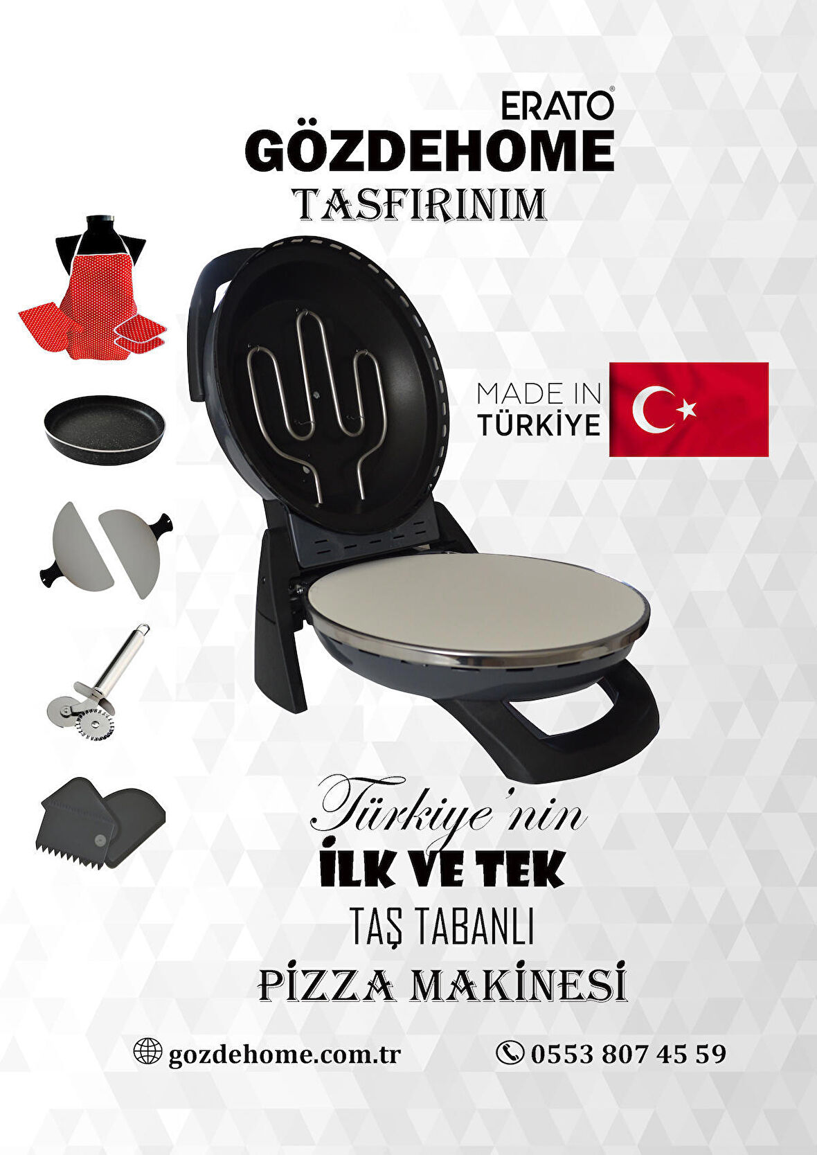 gözdehome Erato Taşfırınım Pizza Makinesi, Lahmacun Makinesi Doğal Taş Fırın - Timer - 400 C. - Antrasit