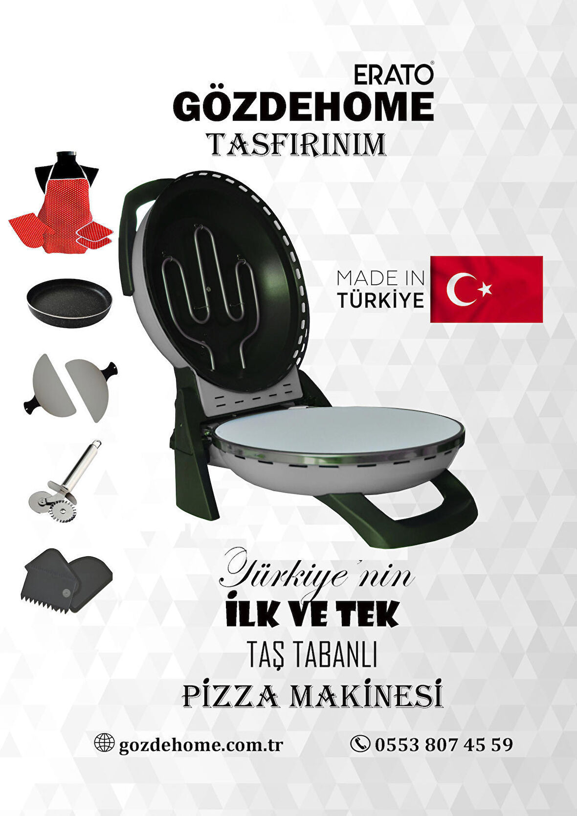 Erato Taşfırınım Pizza Makinesi, Lahmacun Makinesi Doğal Taş Fırın - Timer - 400 C. - Gri