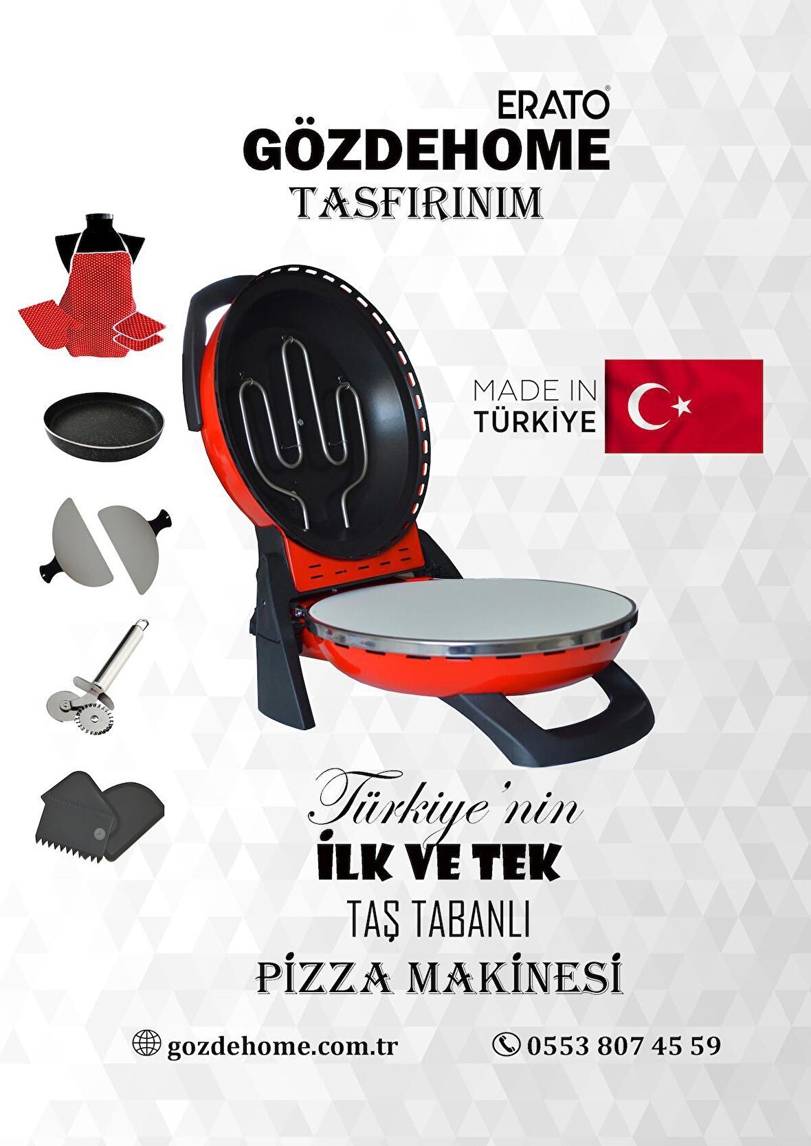 Erato Taşfırınım Pizza Makinesi, Lahmacun Makinesi Doğal Taş Fırın - Timer - 400 C. - Kırmızı