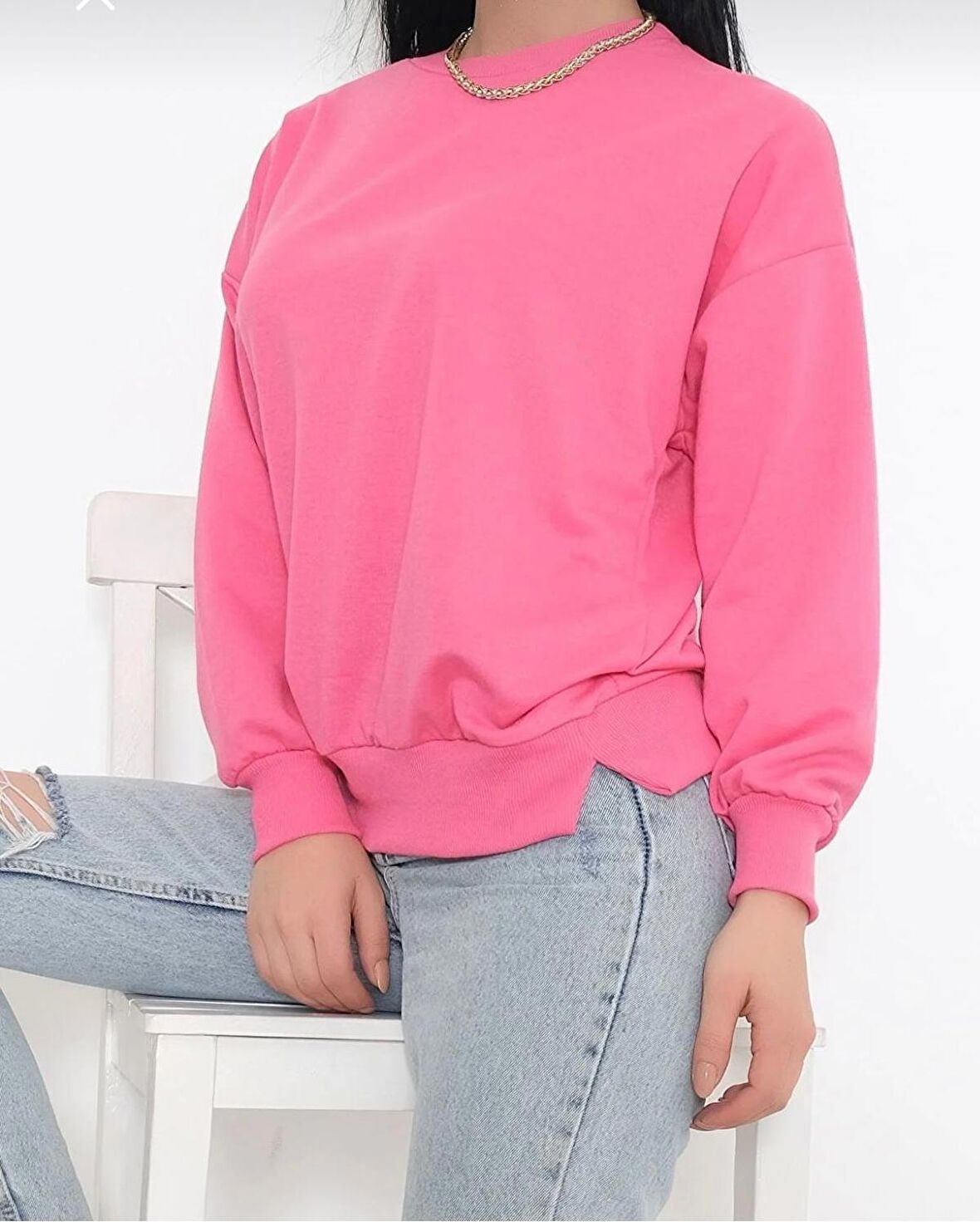 Pembe Kadın Bisiklet Yaka Sweatshirt