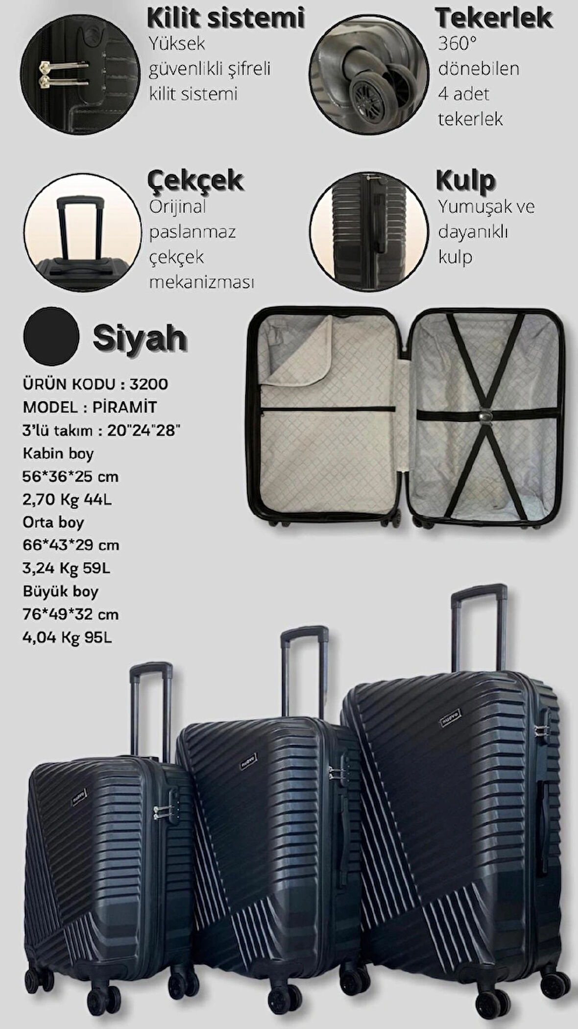 Piramit 3’lü Valiz Takımı – Güçlü ve Şık Seyahat Deneyimi ⛰️
