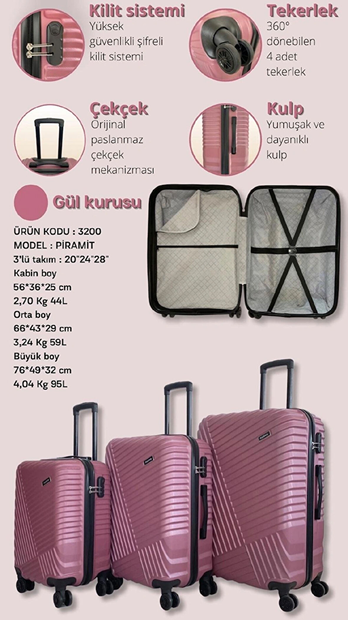 Piramit 3’lü Valiz Takımı – Güçlü ve Şık Seyahat Deneyimi ⛰️