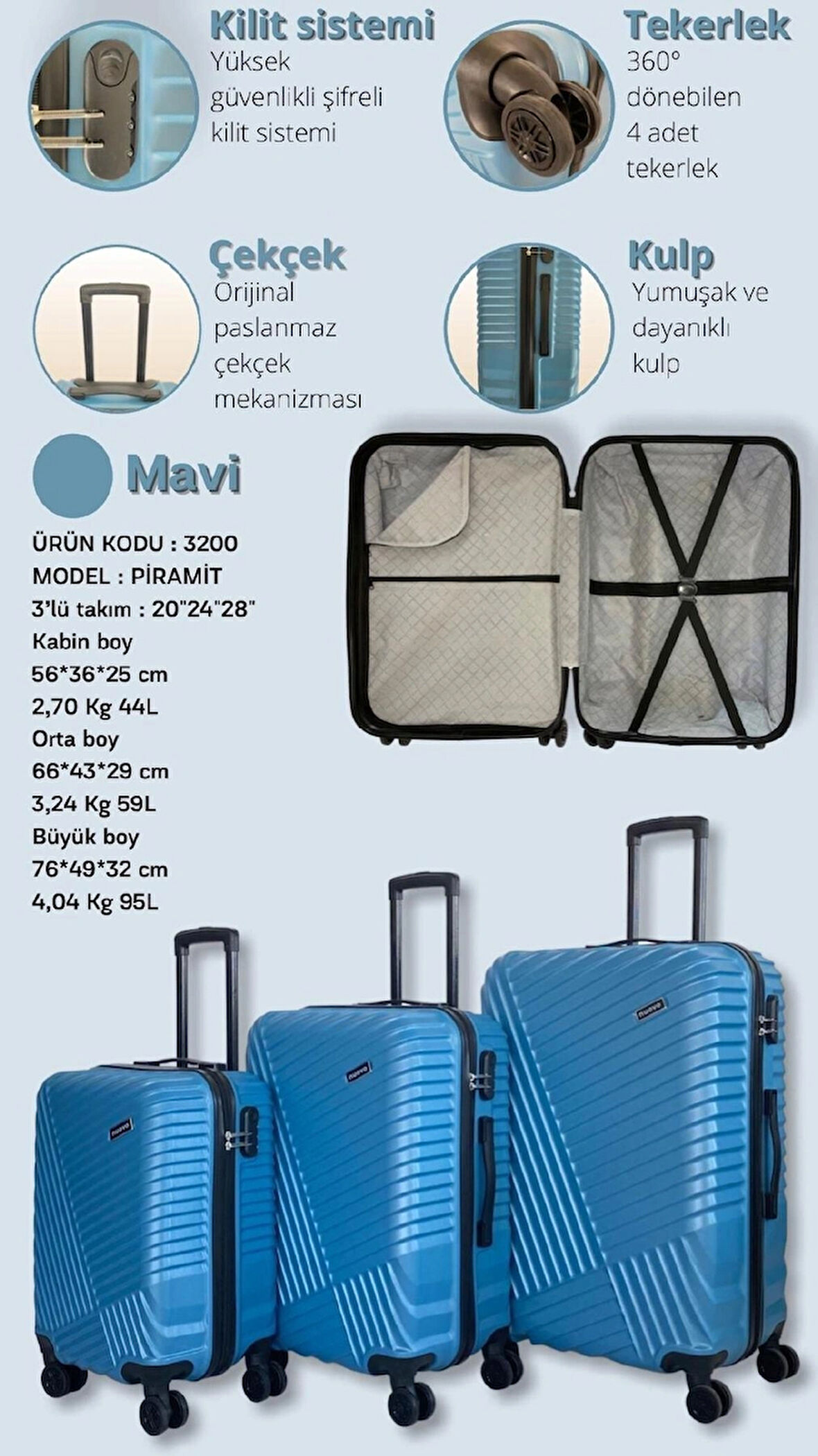 Piramit 3’lü Valiz Takımı – Güçlü ve Şık Seyahat Deneyimi ⛰️