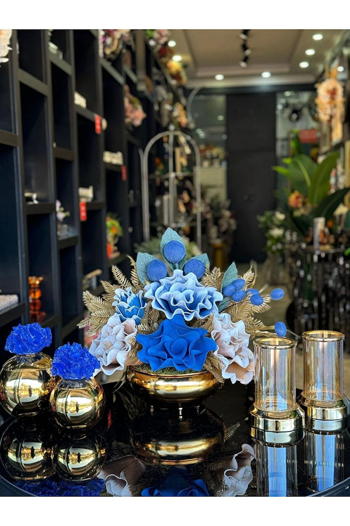 Yapay Çiçekli Gold Yassı Vazo 5 Parça Set No:1