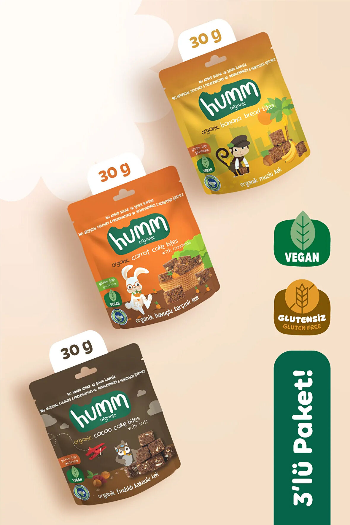 Humm Organic Organik Glutensiz Vegan Kek Atıştırmalık Paketi - 30 G X 3 Adet (3 ÇEŞİT)