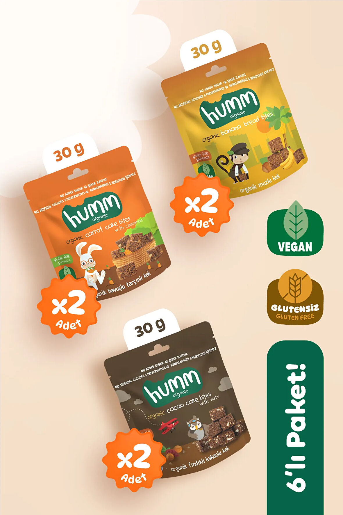 Humm Organic Organik Glutensiz Vegan Kek Atıştırmalık Paketi - 30 G X 6 adet (3 çeşit)