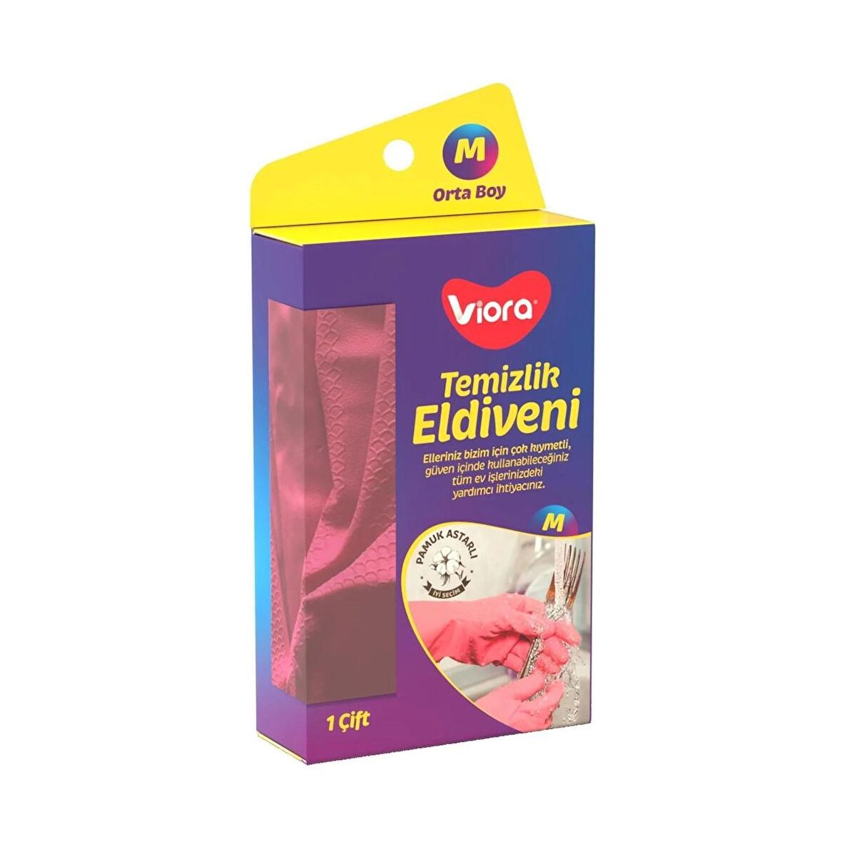 Viora Lateks Temizlik Bulaşık Eldiveni - Orta Boy - Medium - 8-8,5 - Pembe - 1 Çift - Paket