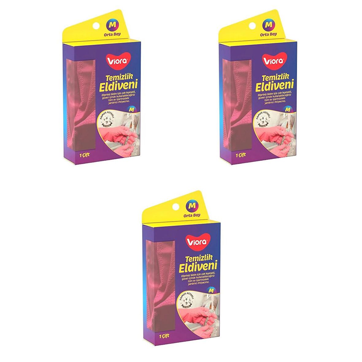 Viora Lateks Temizlik Bulaşık Eldiveni - Orta Boy - Medium - 8-8,5 - Pembe - 3 Paket