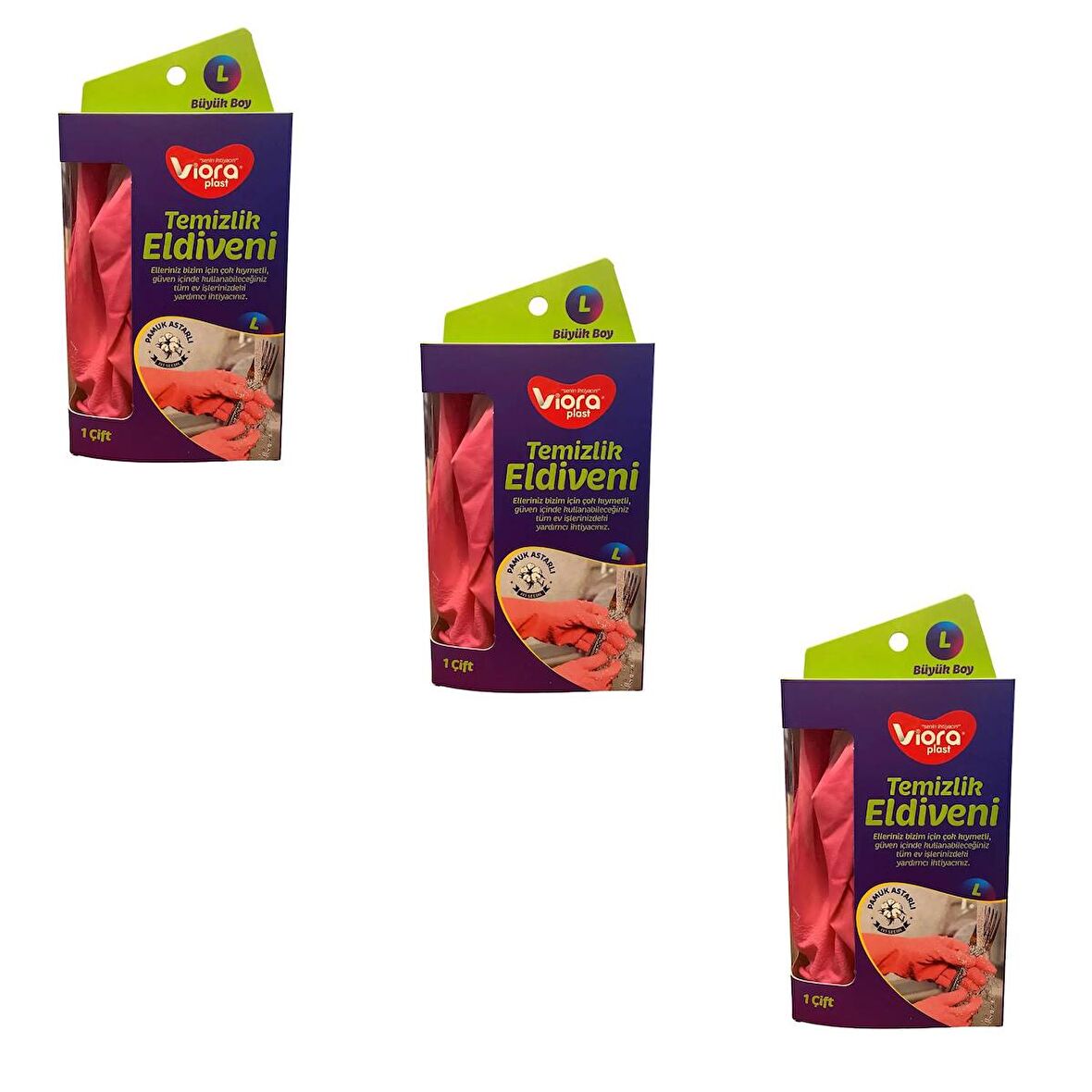 Viora Lateks Temizlik Bulaşık Eldiveni - Büyük Boy - Large - 9-9,5 - Pembe - 3 Paket