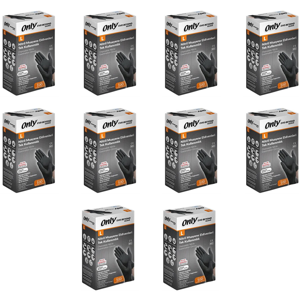 Only Evo Beyond Siyah Pudrasız Nitril Eldiven - Muayne İş Eldiveni - Large - 100'lü 10 Paket