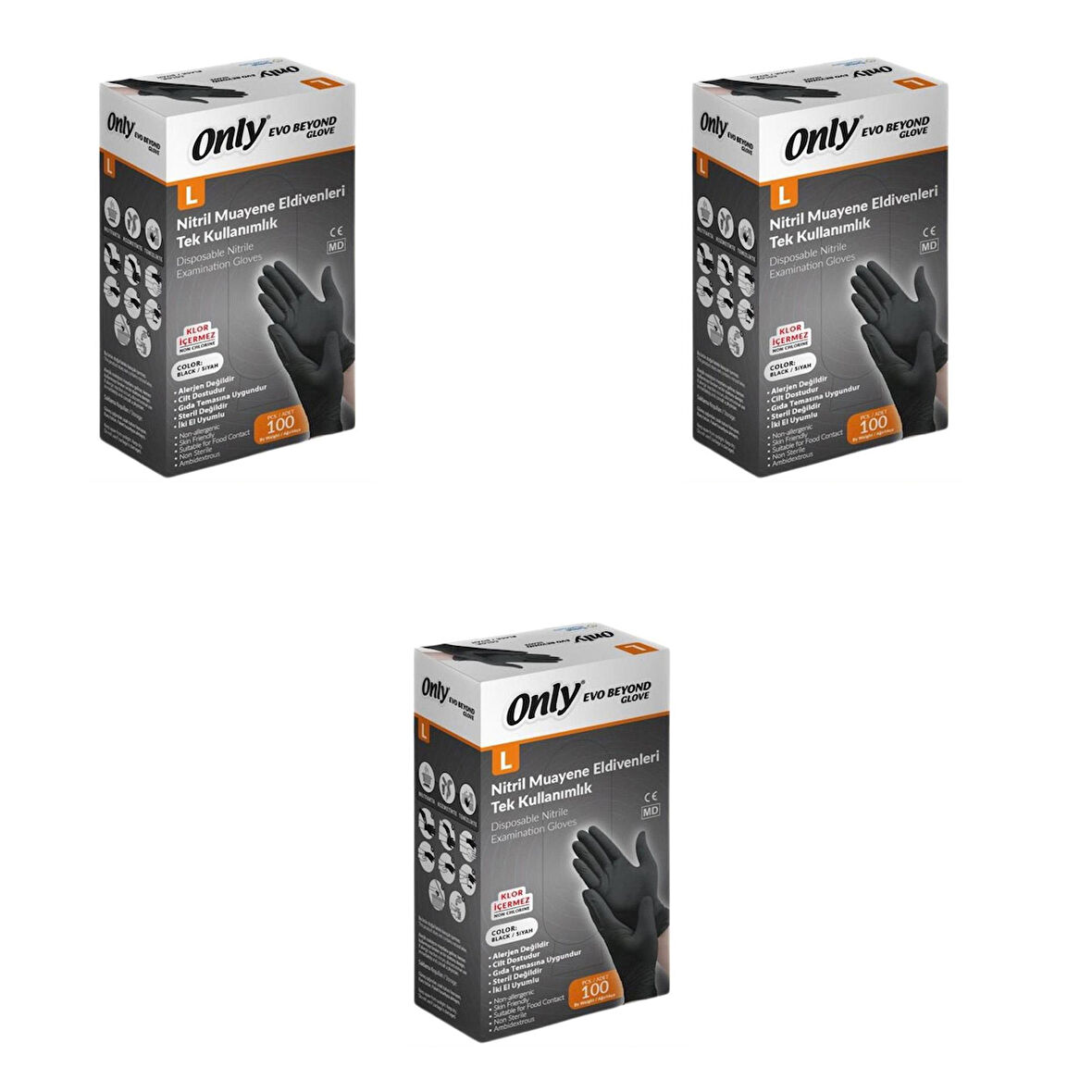 Only Evo Beyond Siyah Pudrasız Nitril Eldiven - Muayne İş Eldiveni - Large - 100'lü 3 Paket