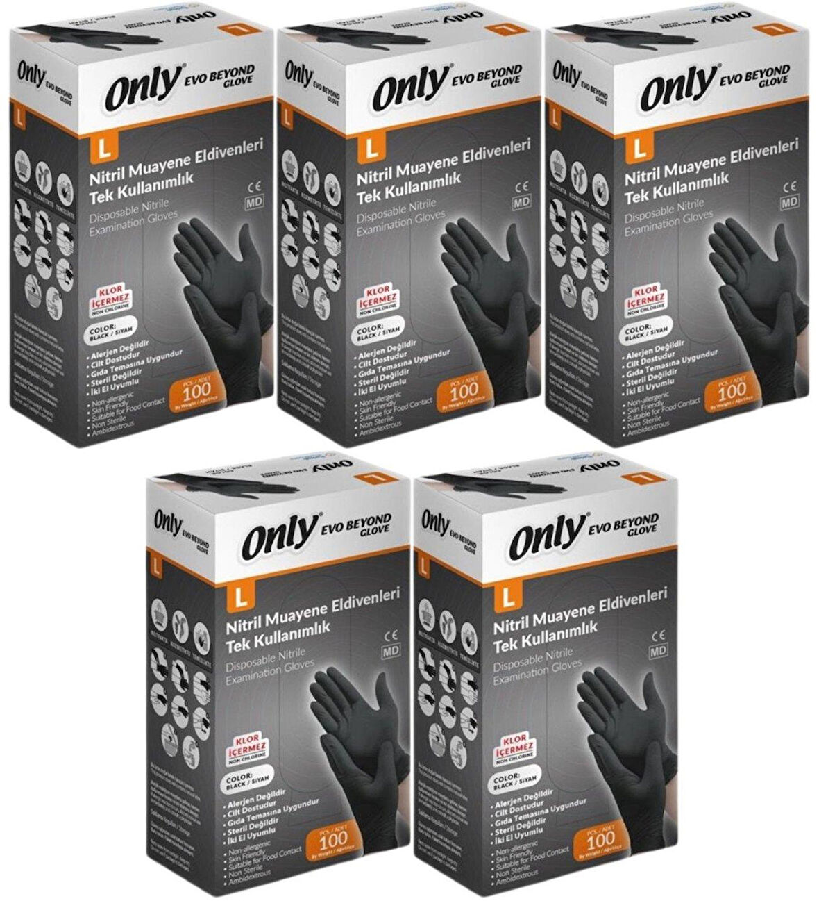 Only Evo Beyond Siyah Pudrasız Nitril Eldiven - Muayne İş Eldiveni - Large - 100'lü 5 Paket