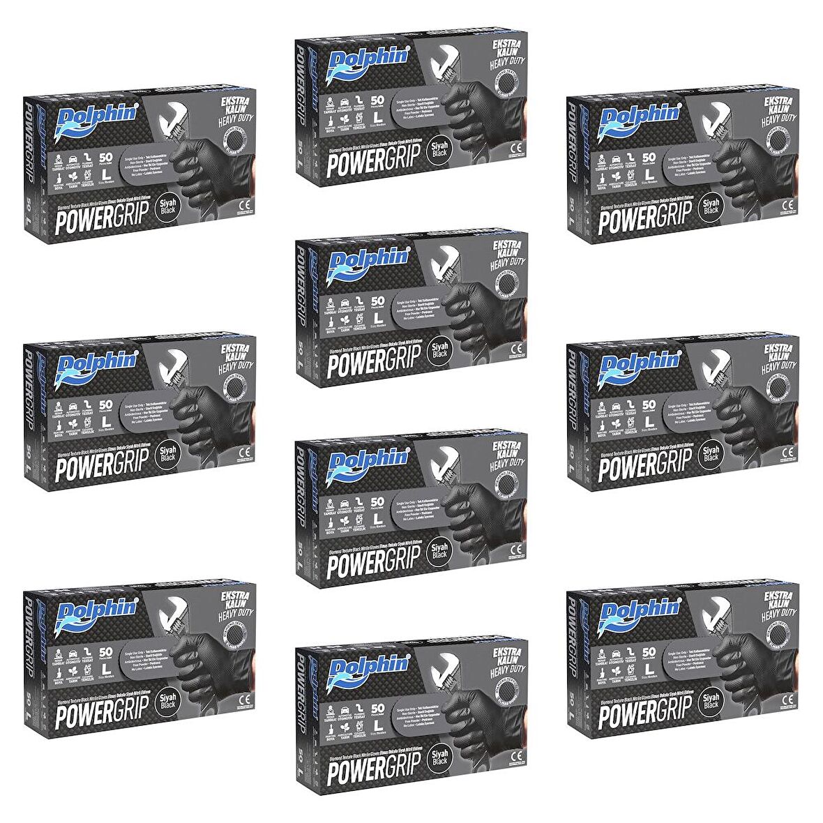 Dolphin Nitril PowerGrip Ekstra Kalın Elmas Dokulu Eldiven Siyah Large Büyük Boy - 50'li 10 Paket