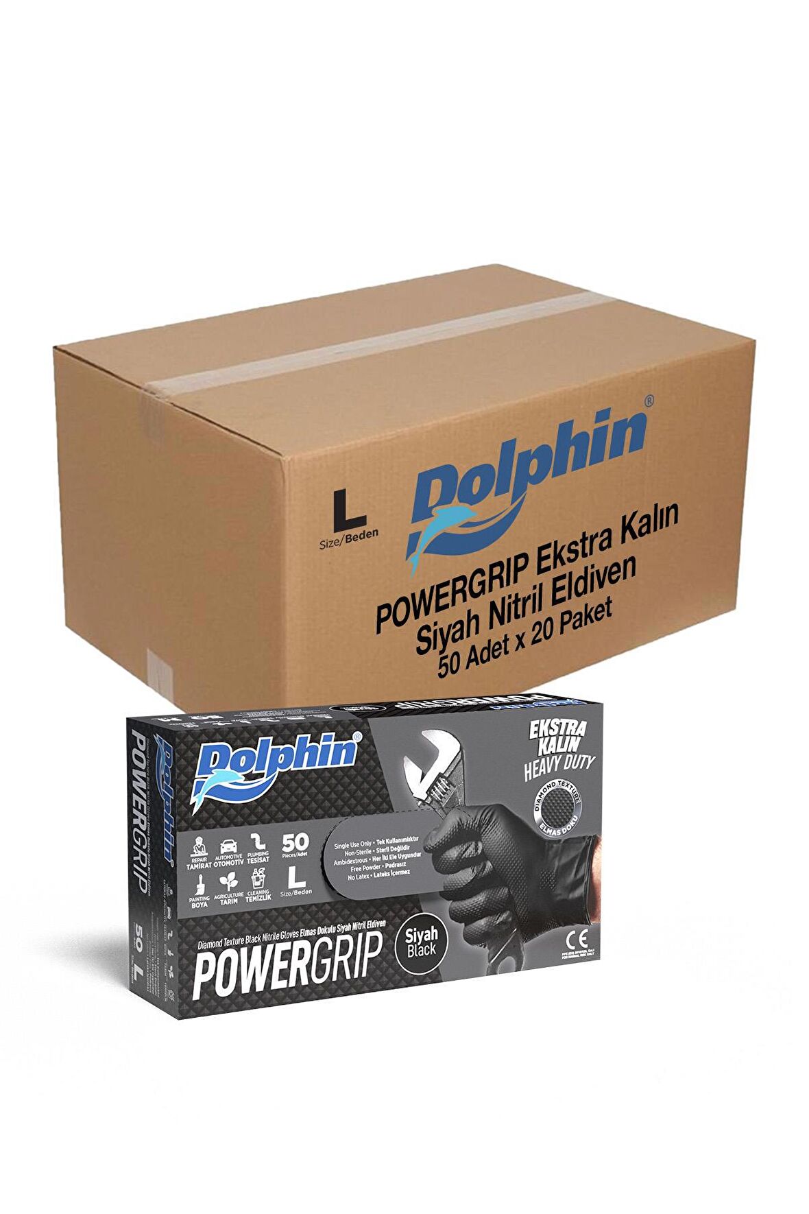 Dolphin Nitril PowerGrip Ekstra Kalın Elmas Dokulu Eldiven Siyah Large Büyük Boy - 50'li 20 Paket